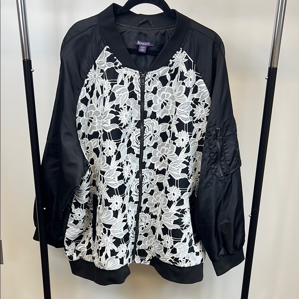 Roaman's Women's Plus Size Nylon Zip up Jacket Black with Lace Design XXXXL 4X
